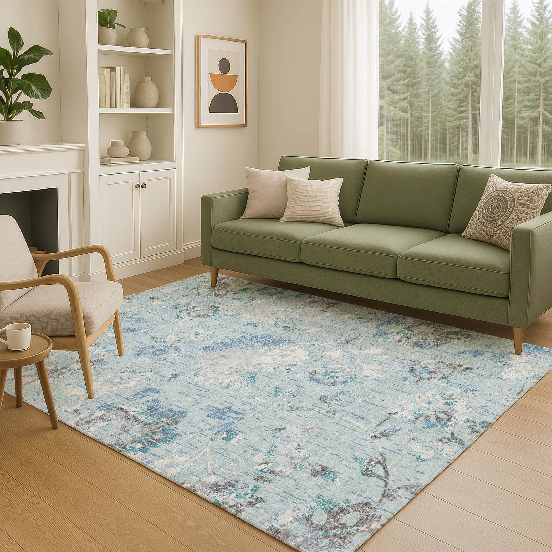 5' X 8' Sky Blue And Blue Floral Washable Indoor Outdoor Area Rug Homeroots Outdoor
