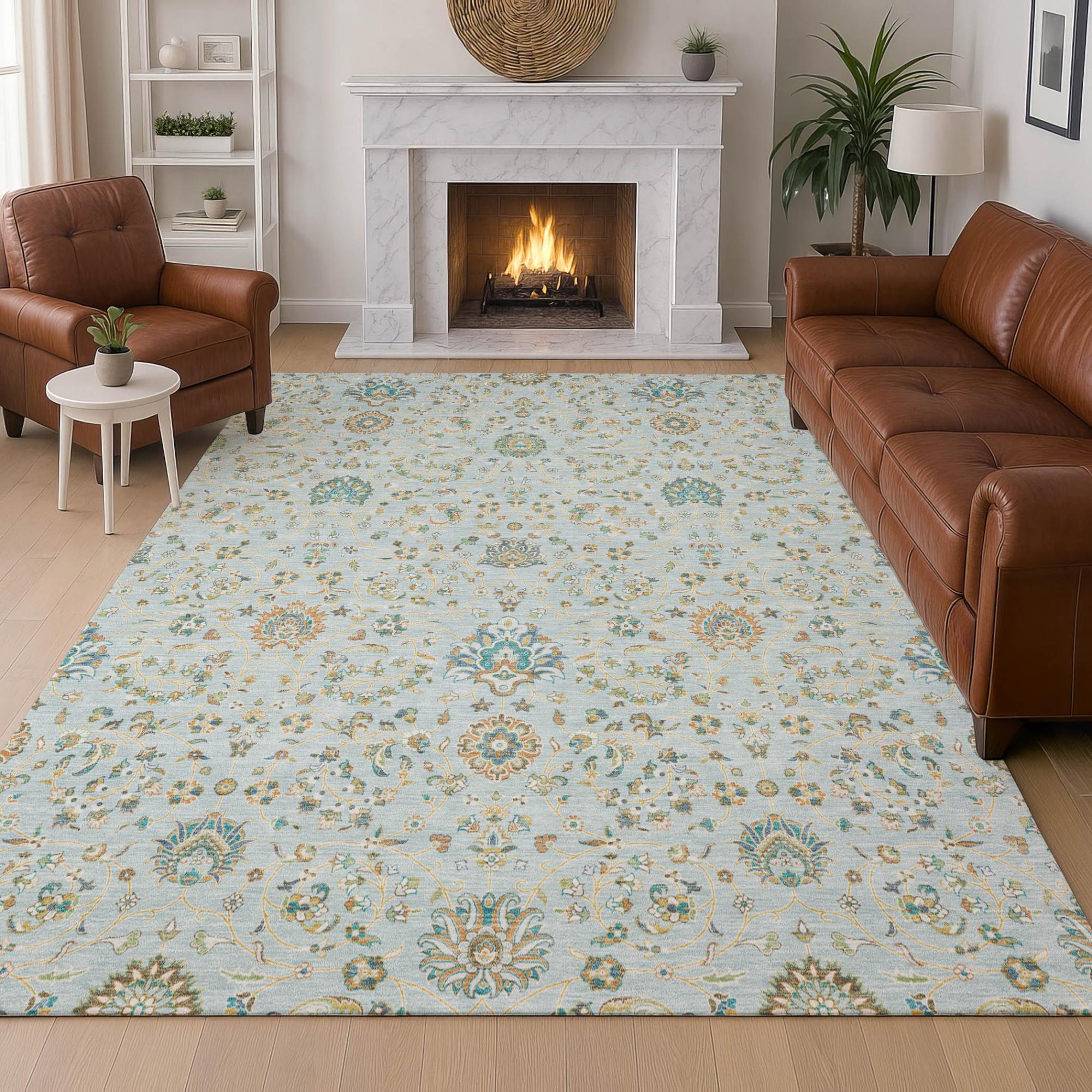 5' X 8' Sky Blue And Blue Floral Washable Indoor Outdoor Area Rug Homeroots Outdoor