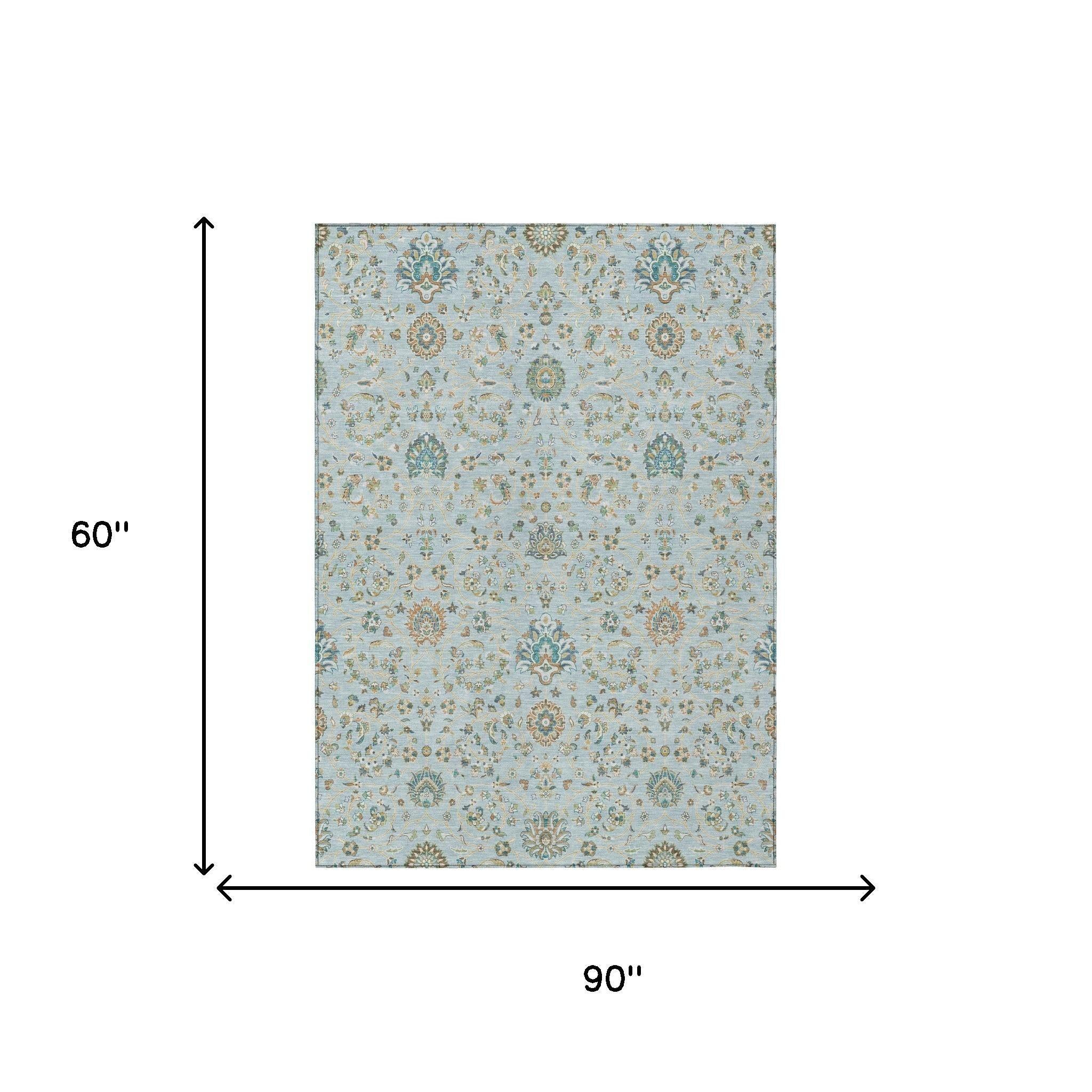 5' X 8' Sky Blue And Blue Floral Washable Indoor Outdoor Area Rug Homeroots Outdoor