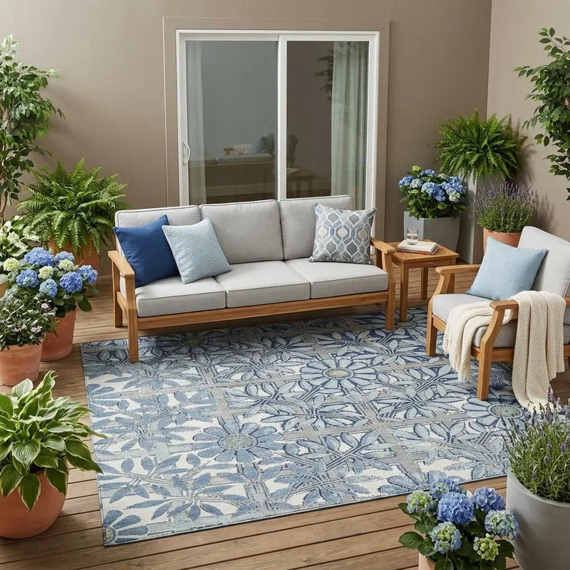 Light grey outdoor sofa and armchair with blue cushions, set on a floral-patterned rug, surrounded by potted plants.