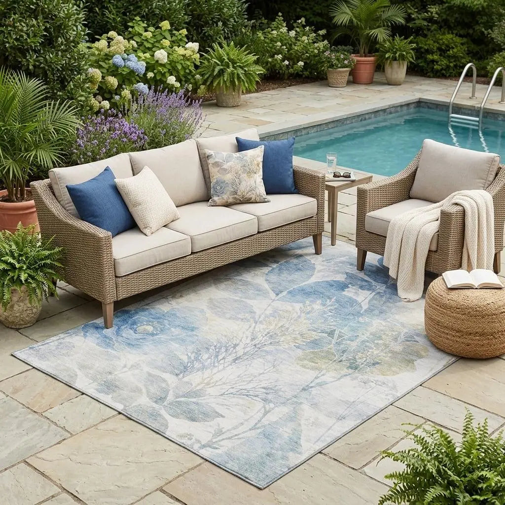 5' X 8' Sky Blue And Blue Floral Washable Indoor Outdoor Area Rug Homeroots Outdoor