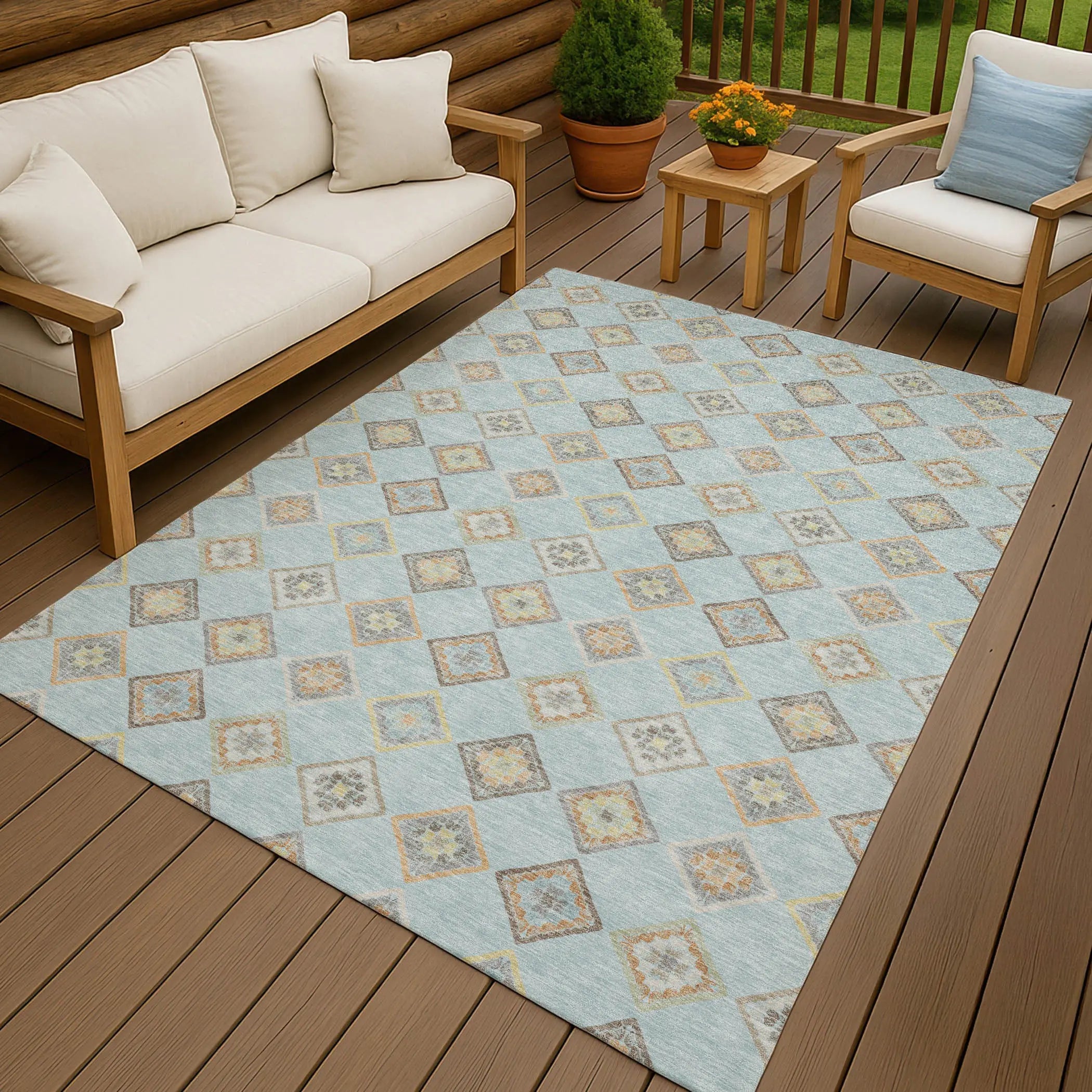 5' X 8' Sky Blue And Blue Geometric Washable Indoor Outdoor Area Rug Homeroots Outdoor