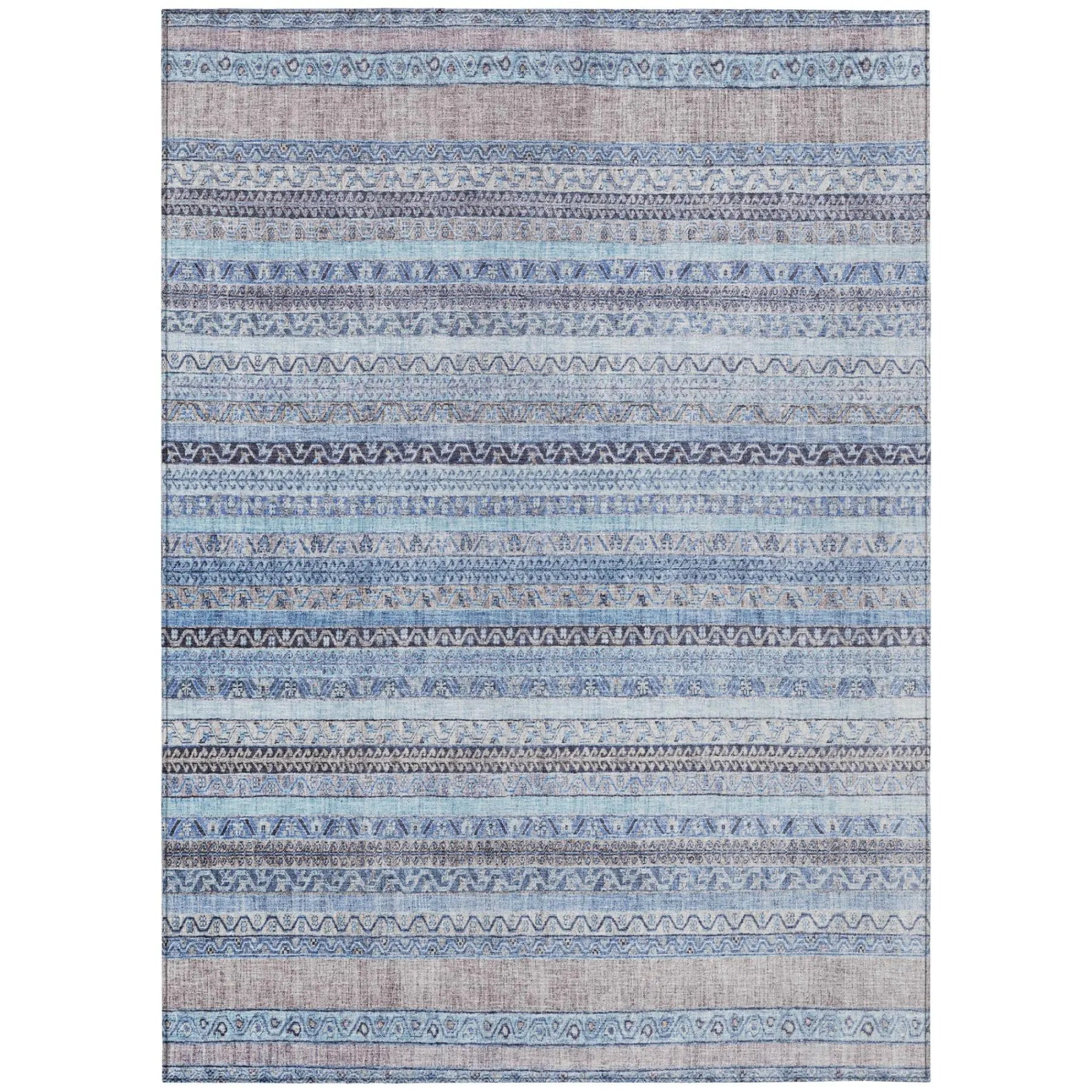 Blue and gray patterned area rug, featuring intricate geometric designs in durable synthetic fibers.