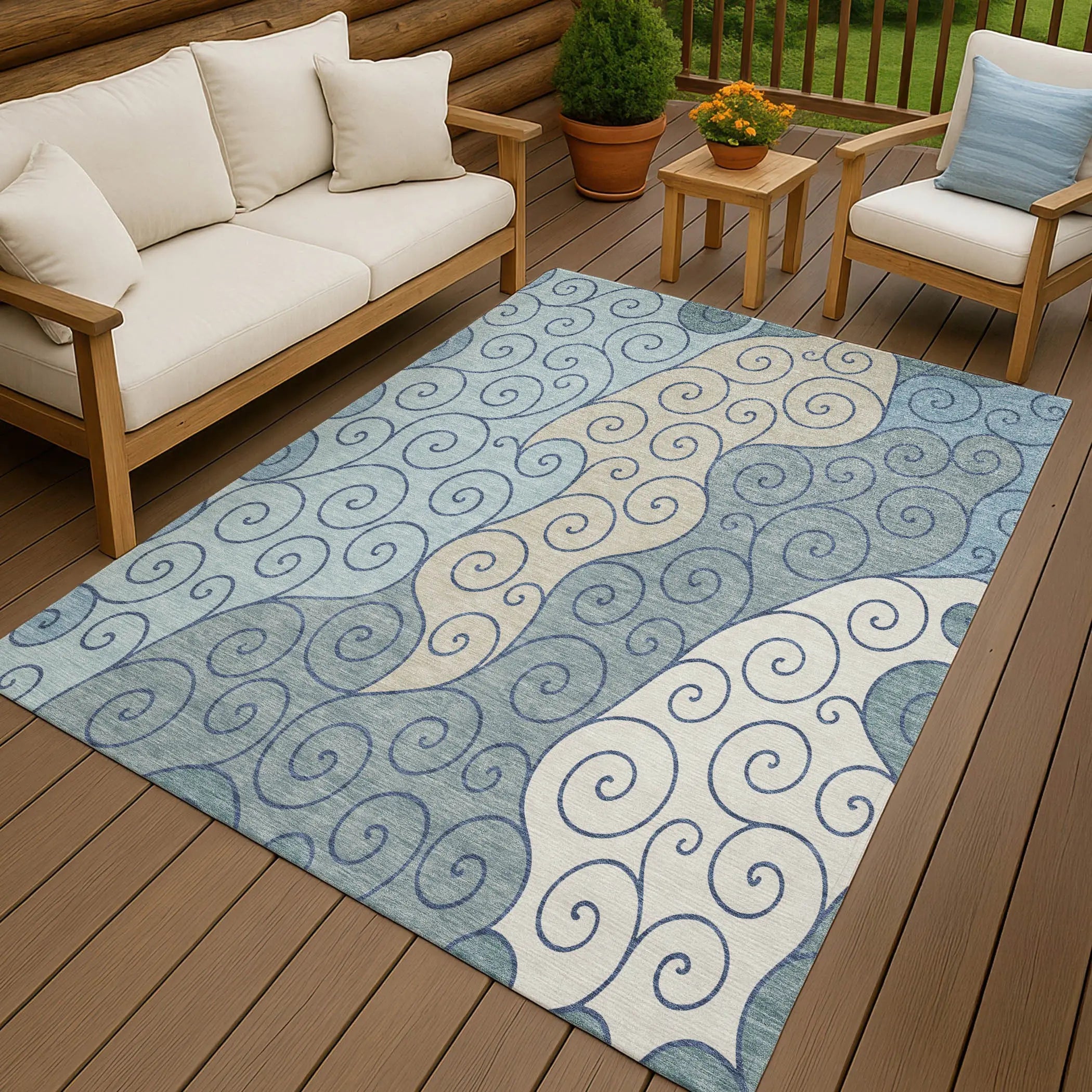 5' X 8' Sky Blue And Denim Blue Abstract Washable Indoor Outdoor Area Rug Homeroots Outdoor