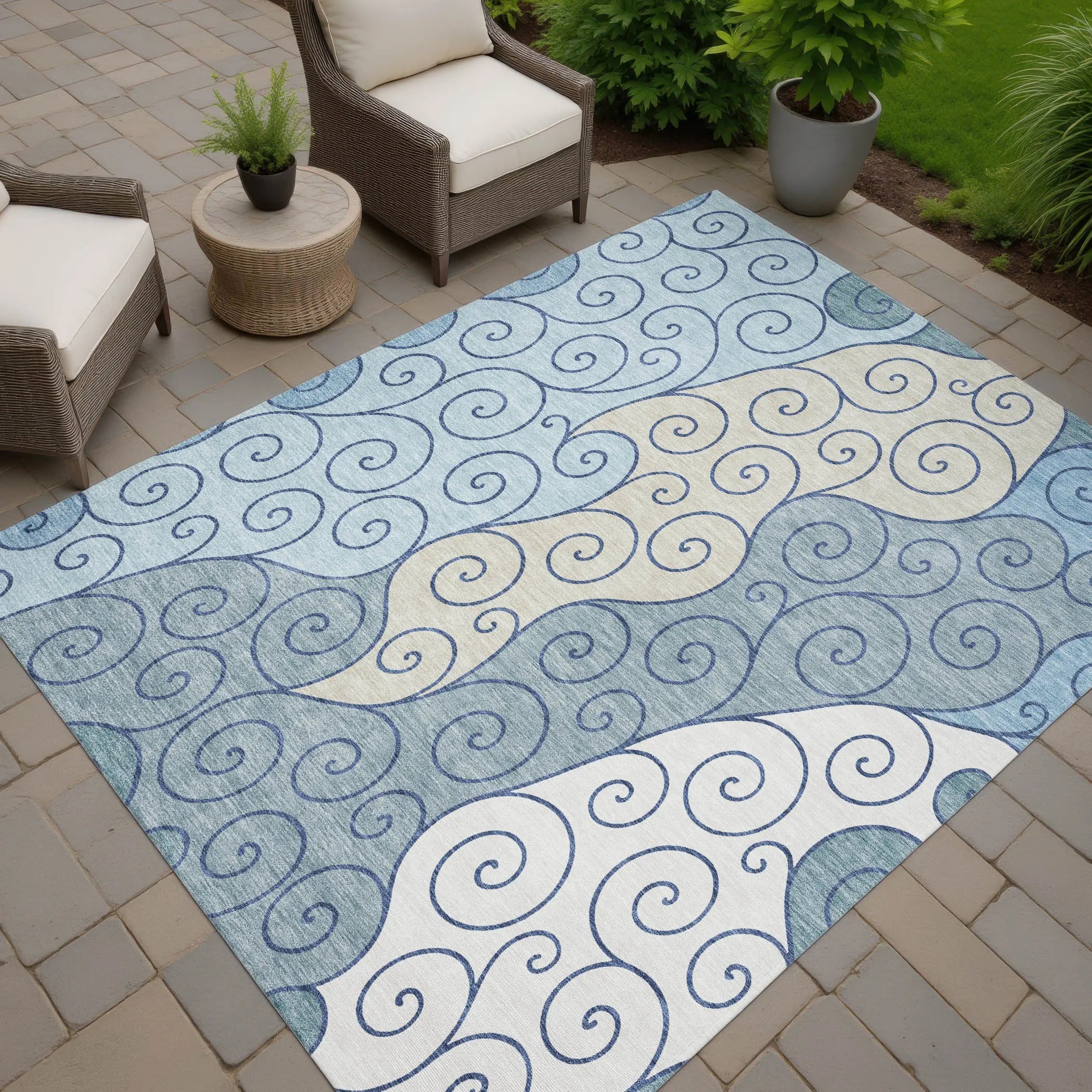 5' X 8' Sky Blue And Denim Blue Abstract Washable Indoor Outdoor Area Rug Homeroots Outdoor