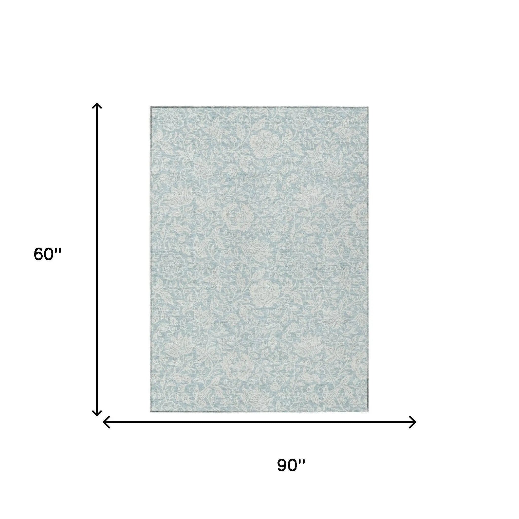 5' X 8' Sky Blue And Ivory Floral Washable Indoor Outdoor Area Rug Homeroots Outdoor