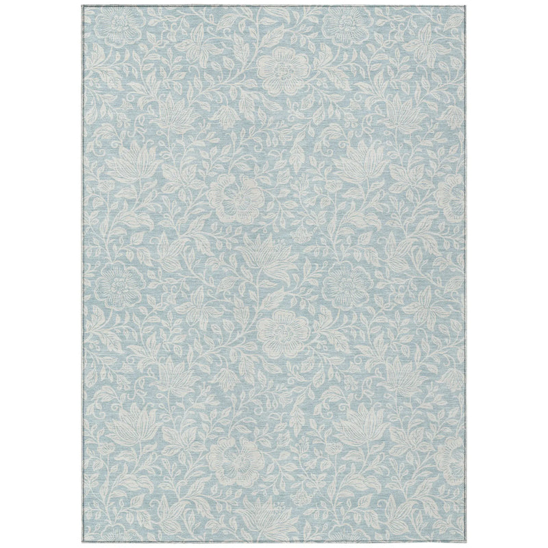 Light blue floral area rug with intricate white botanical patterns, crafted from durable, soft synthetic materials.