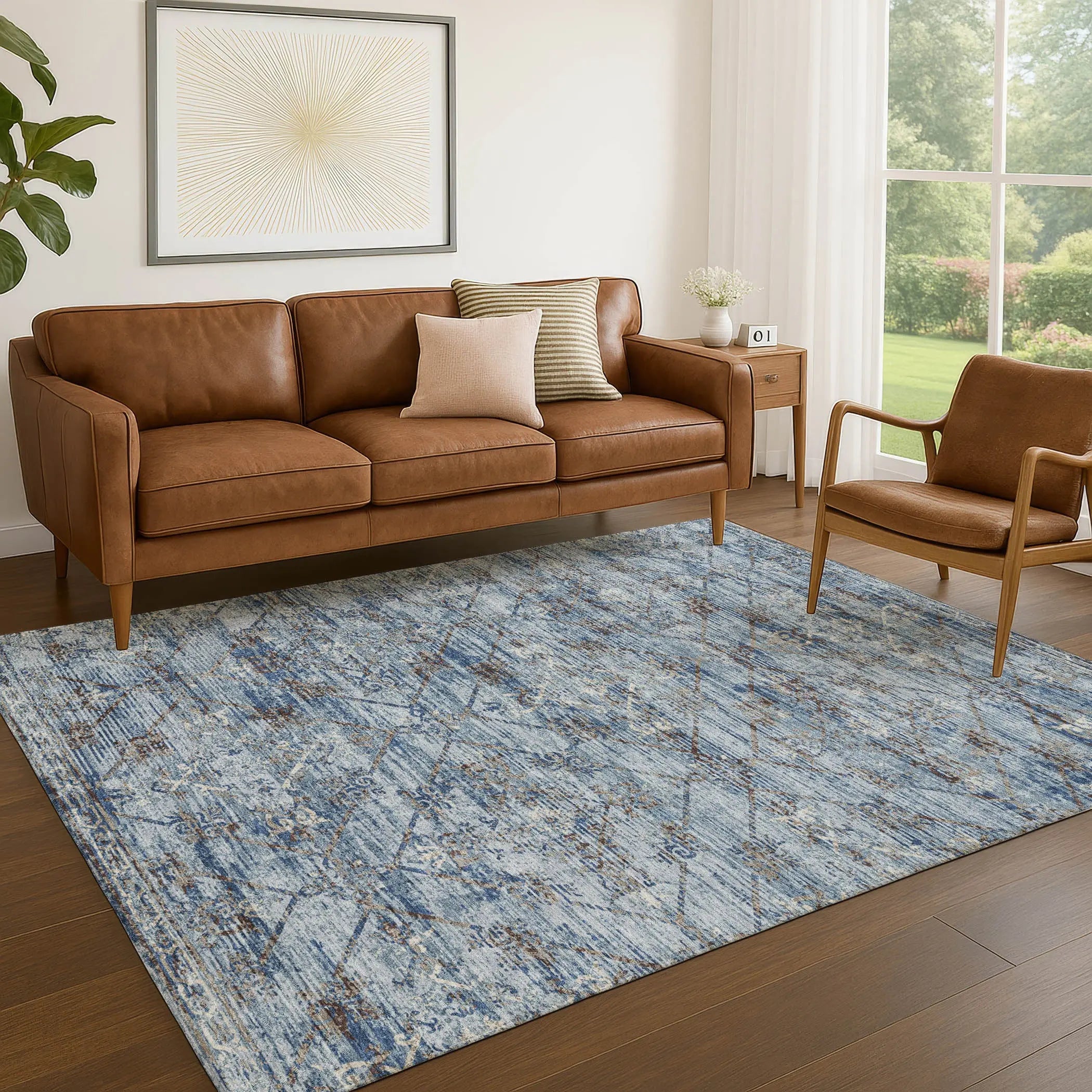 5' X 8' Sky Blue And Ivory Geometric Washable Indoor Outdoor Area Rug Homeroots Outdoor