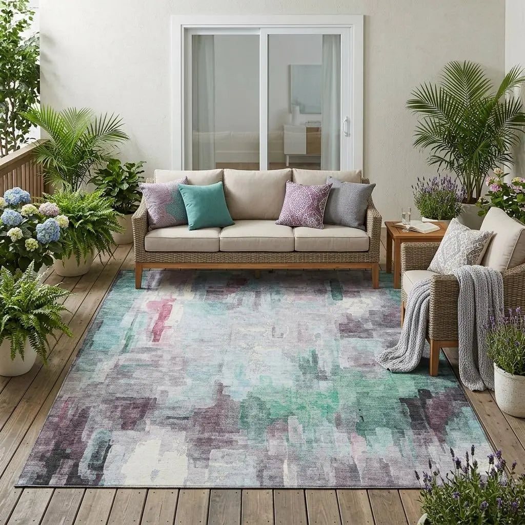 5' X 8' Sky Blue And Mauve Abstract Washable Indoor Outdoor Area Rug Homeroots Outdoor
