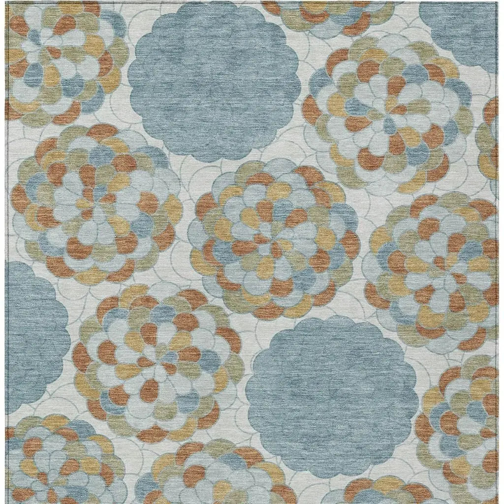 5' X 8' Sky Blue And Orange Floral Washable Indoor Outdoor Area Rug Homeroots Outdoor