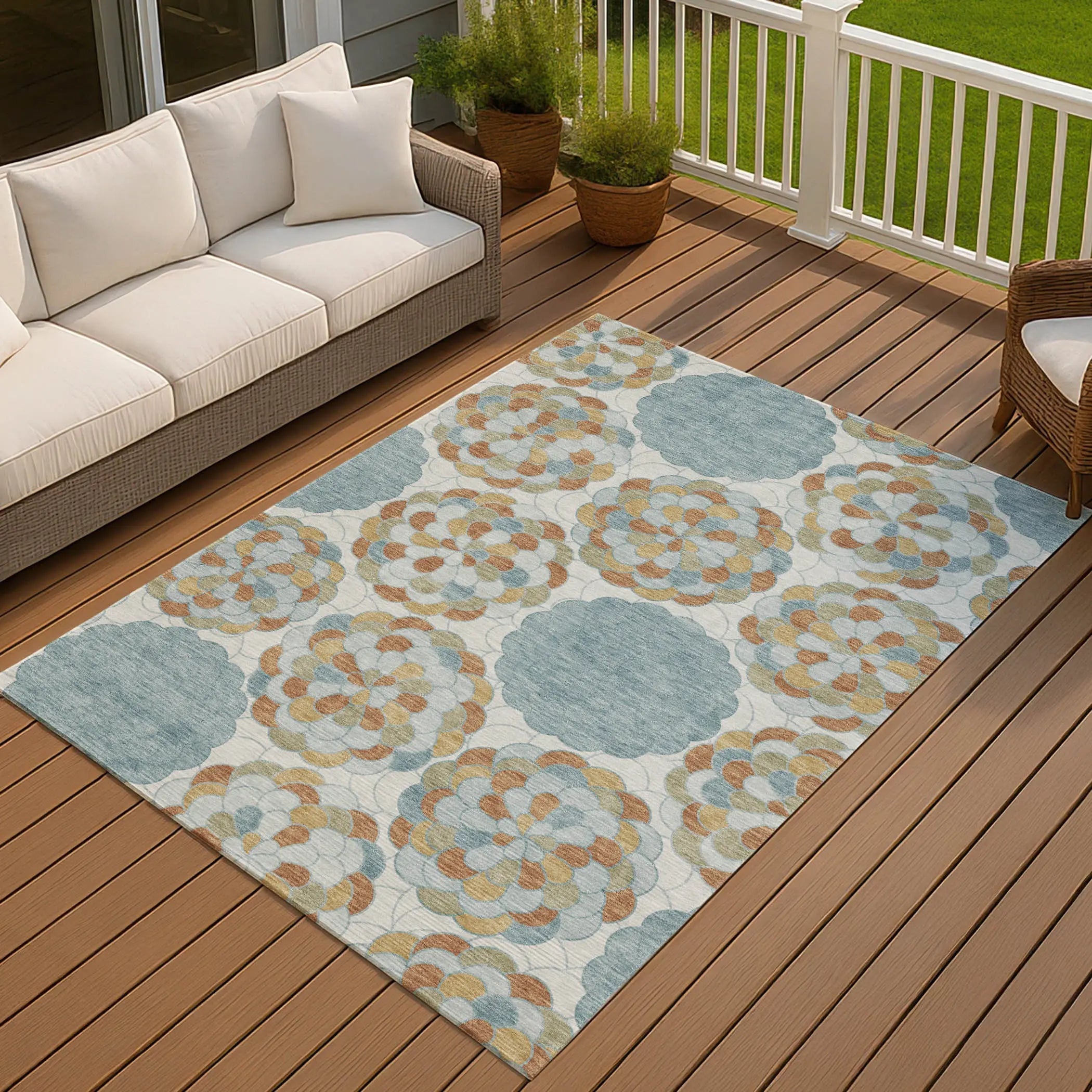 5' X 8' Sky Blue And Orange Floral Washable Indoor Outdoor Area Rug Homeroots Outdoor
