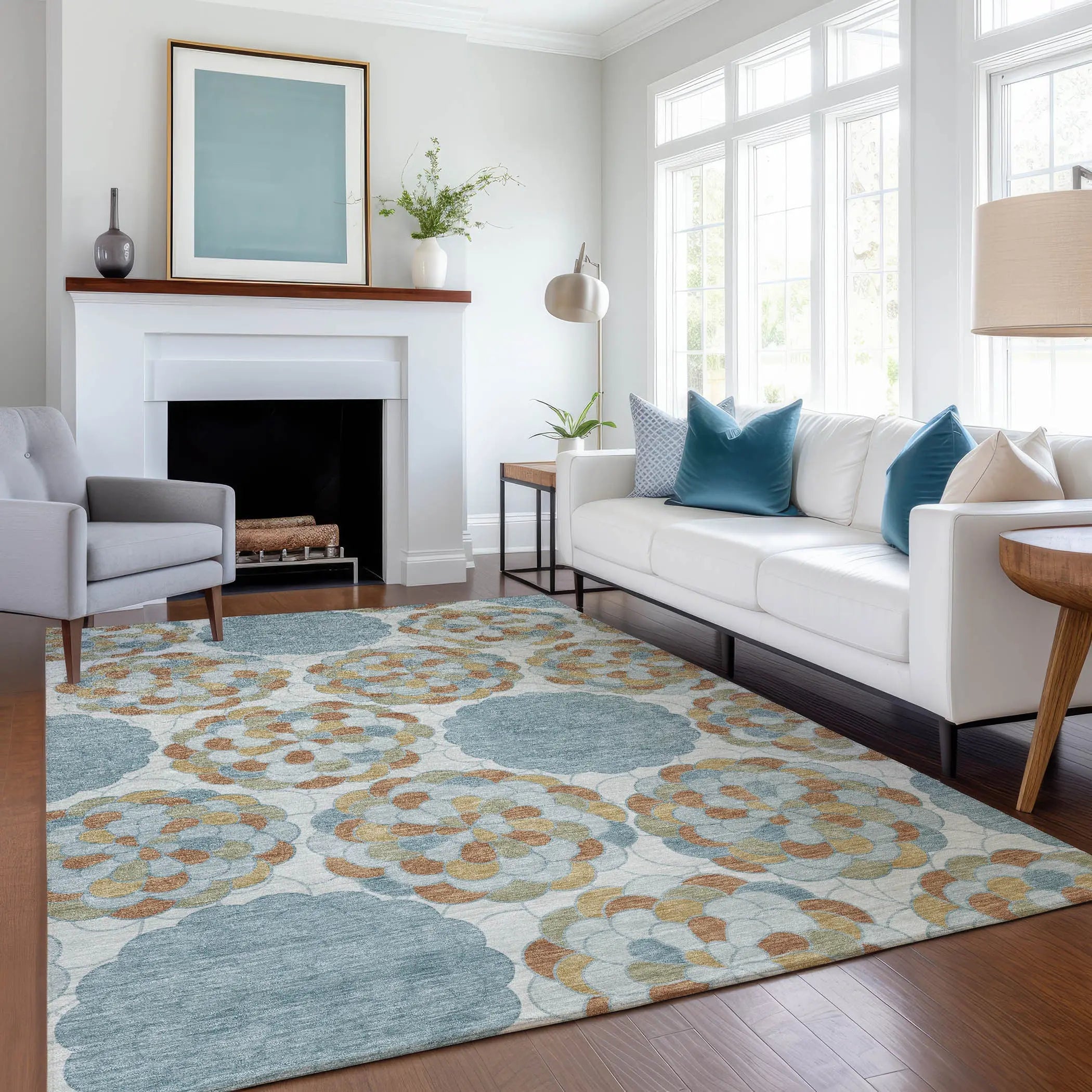 5' X 8' Sky Blue And Orange Floral Washable Indoor Outdoor Area Rug Homeroots Outdoor