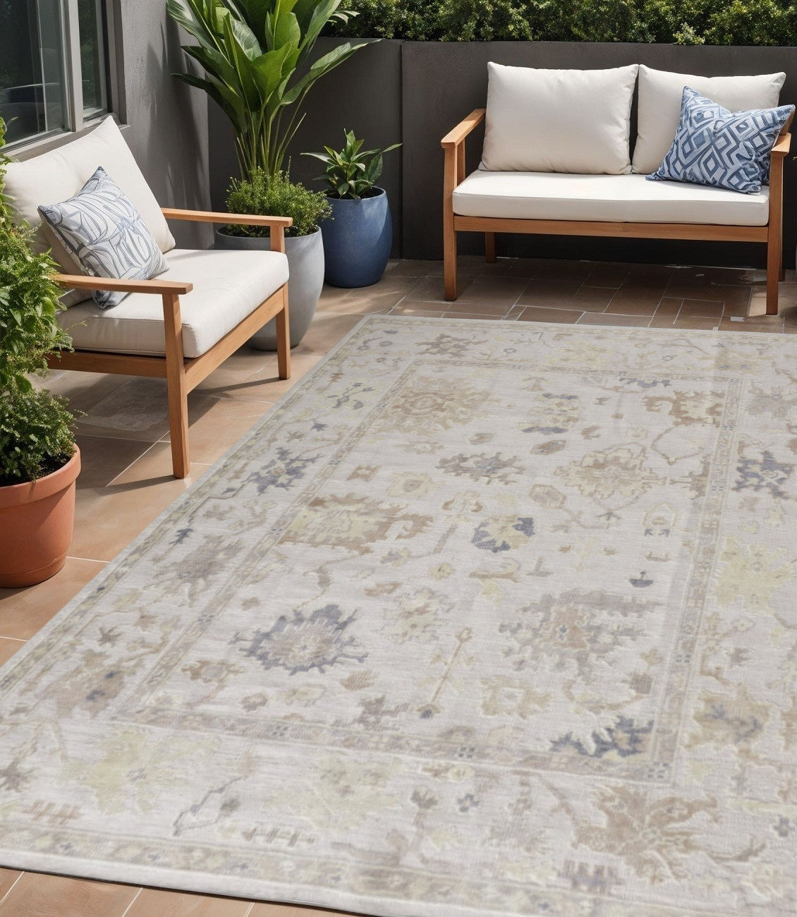 5' X 8' Tan Ivory And Orange Floral Hand Knotted Stain Resistant Area Rug Homeroots Outdoor
