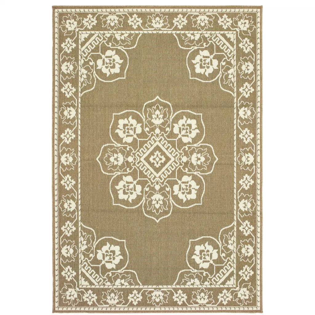 5' X 8' Tan Oriental Stain Resistant Indoor Outdoor Area Rug Homeroots Outdoor