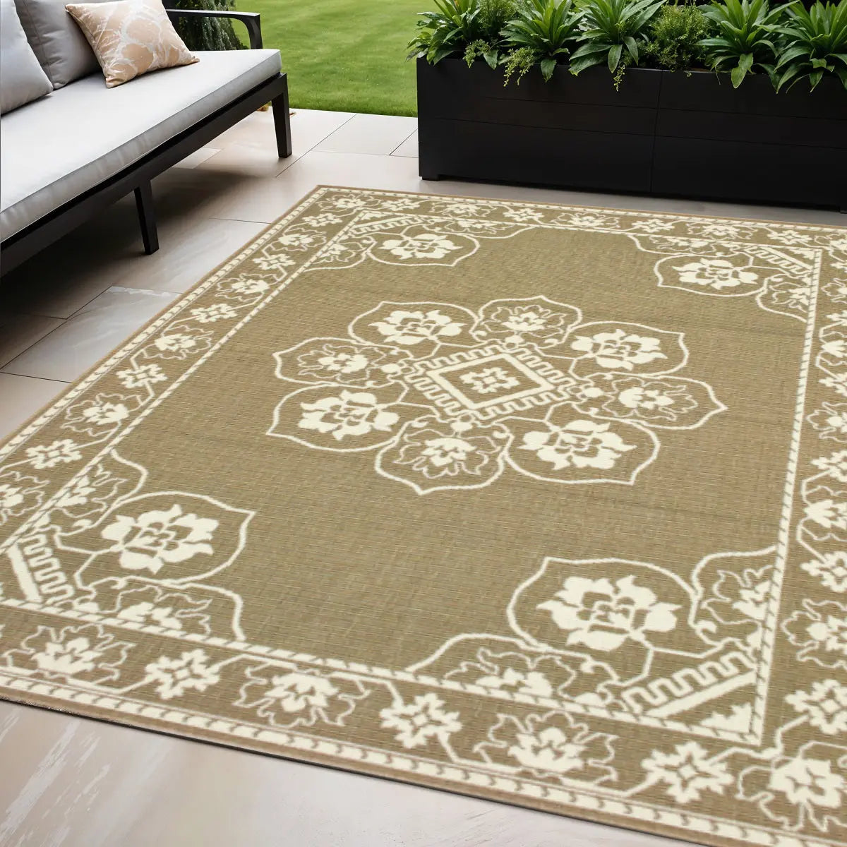 5' X 8' Tan Oriental Stain Resistant Indoor Outdoor Area Rug Homeroots Outdoor