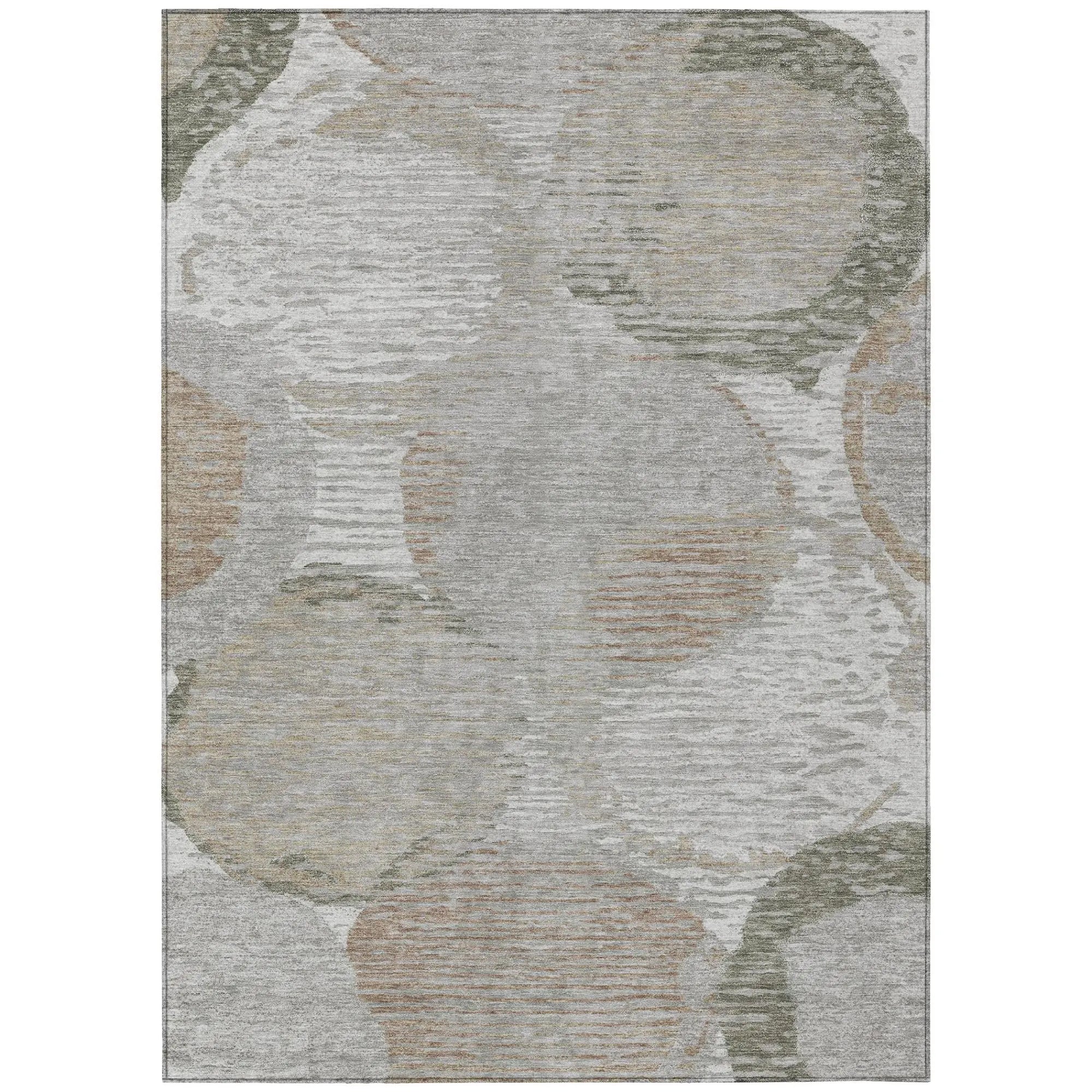 Neutral abstract area rug in gray, beige, and green with circular patterns, perfect for modern living spaces.