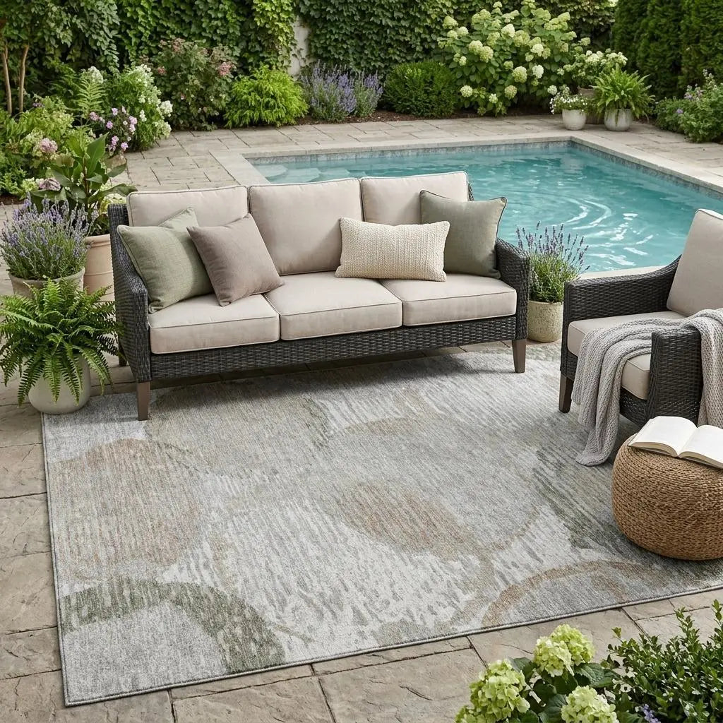 Gray floral outdoor rug with soft green and beige accents, perfect for patio or garden settings, under a cozy seating area.