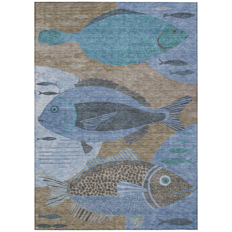 5' X 8' Taupe And Denim Blue Tropical Fish Washable Indoor Outdoor Area Rug Homeroots Outdoor