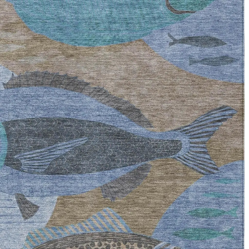 5' X 8' Taupe And Denim Blue Tropical Fish Washable Indoor Outdoor Area Rug Homeroots Outdoor