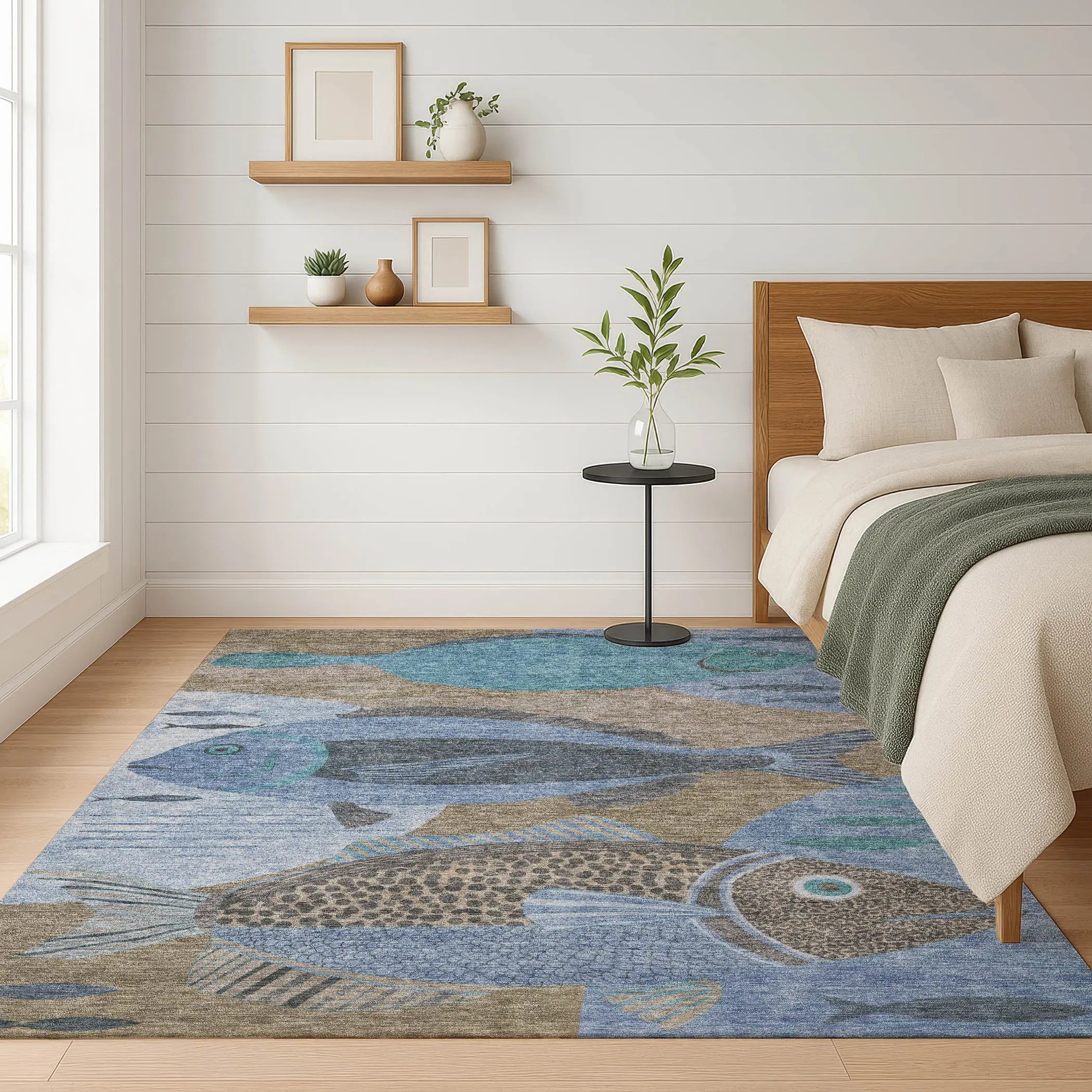 5' X 8' Taupe And Denim Blue Tropical Fish Washable Indoor Outdoor Area Rug Homeroots Outdoor