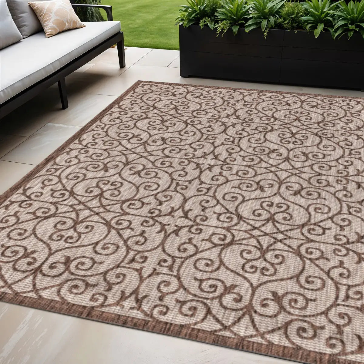 5' X 8' Taupe And Espresso Geometric Indoor Outdoor Area Rug Homeroots Outdoor
