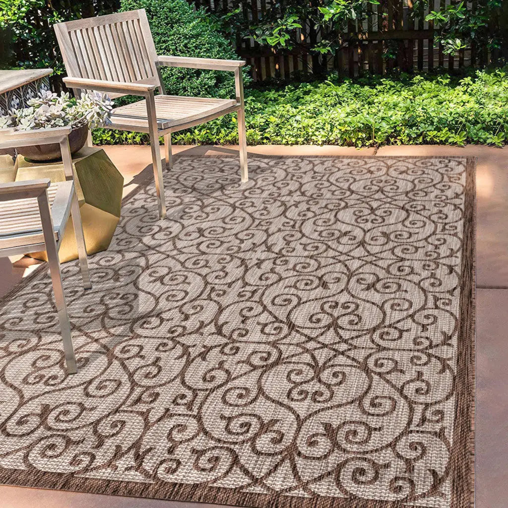 5' X 8' Taupe And Espresso Geometric Indoor Outdoor Area Rug Homeroots Outdoor