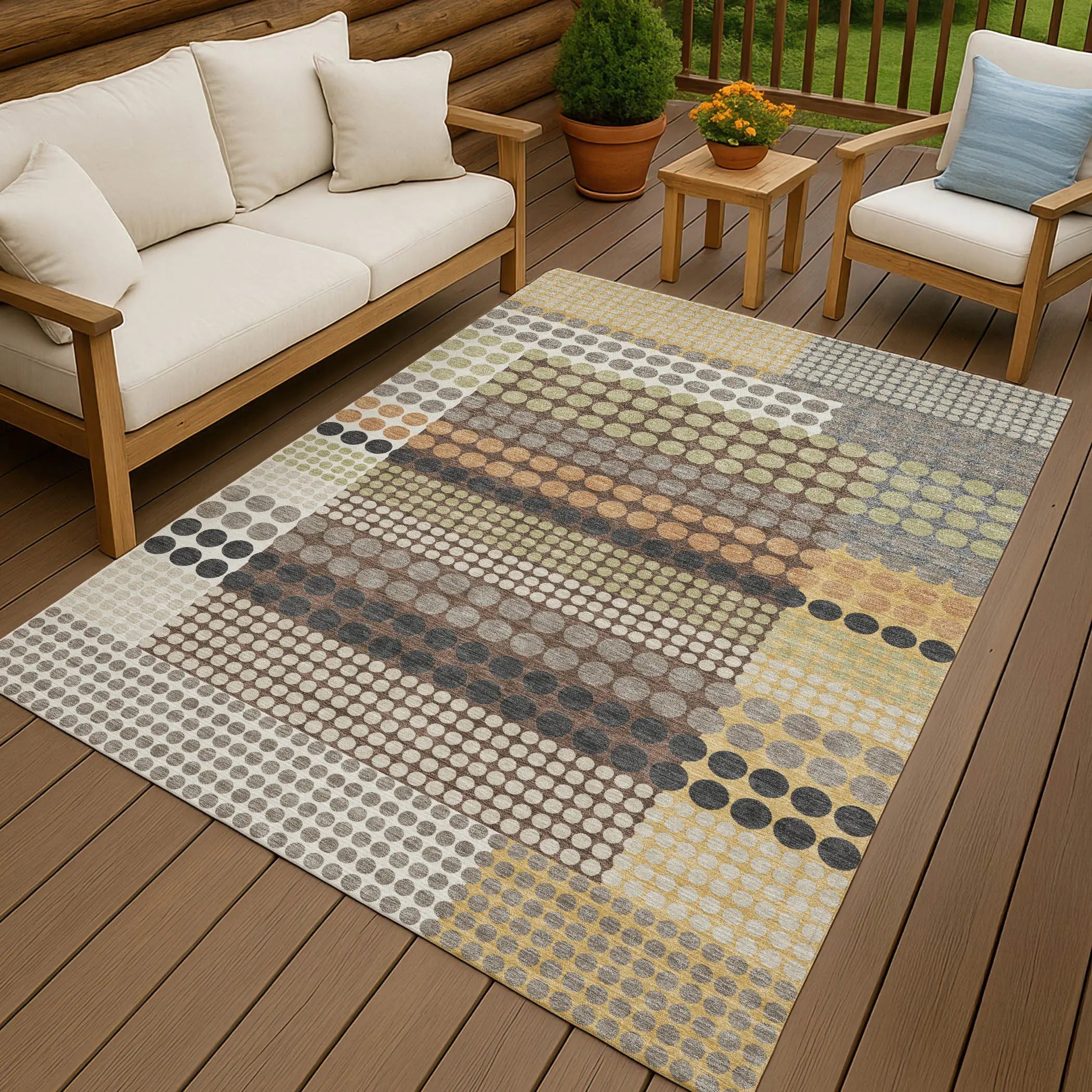 5' X 8' Taupe And Gold Geometric Washable Indoor Outdoor Area Rug Homeroots Outdoor
