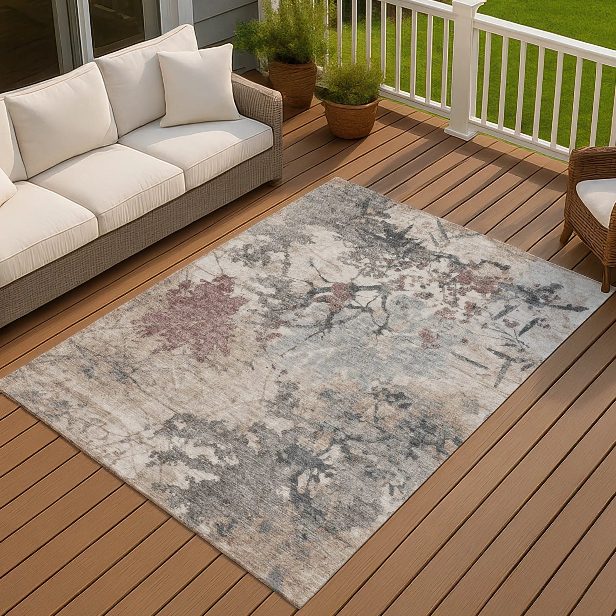 5' X 8' Taupe And Green Abstract Washable Indoor Outdoor Area Rug Homeroots Outdoor