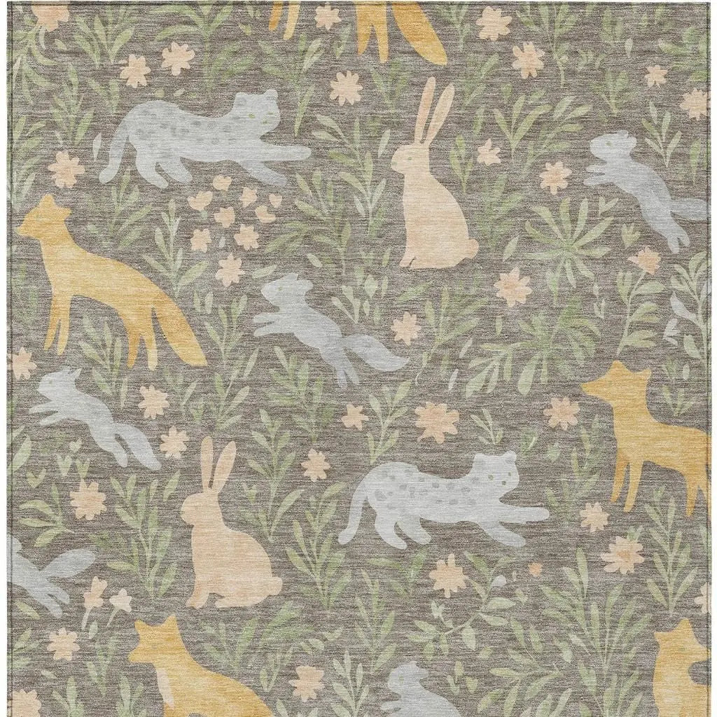 5' X 8' Taupe And Green Forest Animals And Botanical Leaves Washable Area Rug Homeroots Outdoor