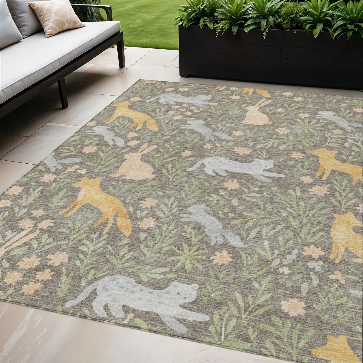 5' X 8' Taupe And Green Forest Animals And Botanical Leaves Washable Area Rug Homeroots Outdoor