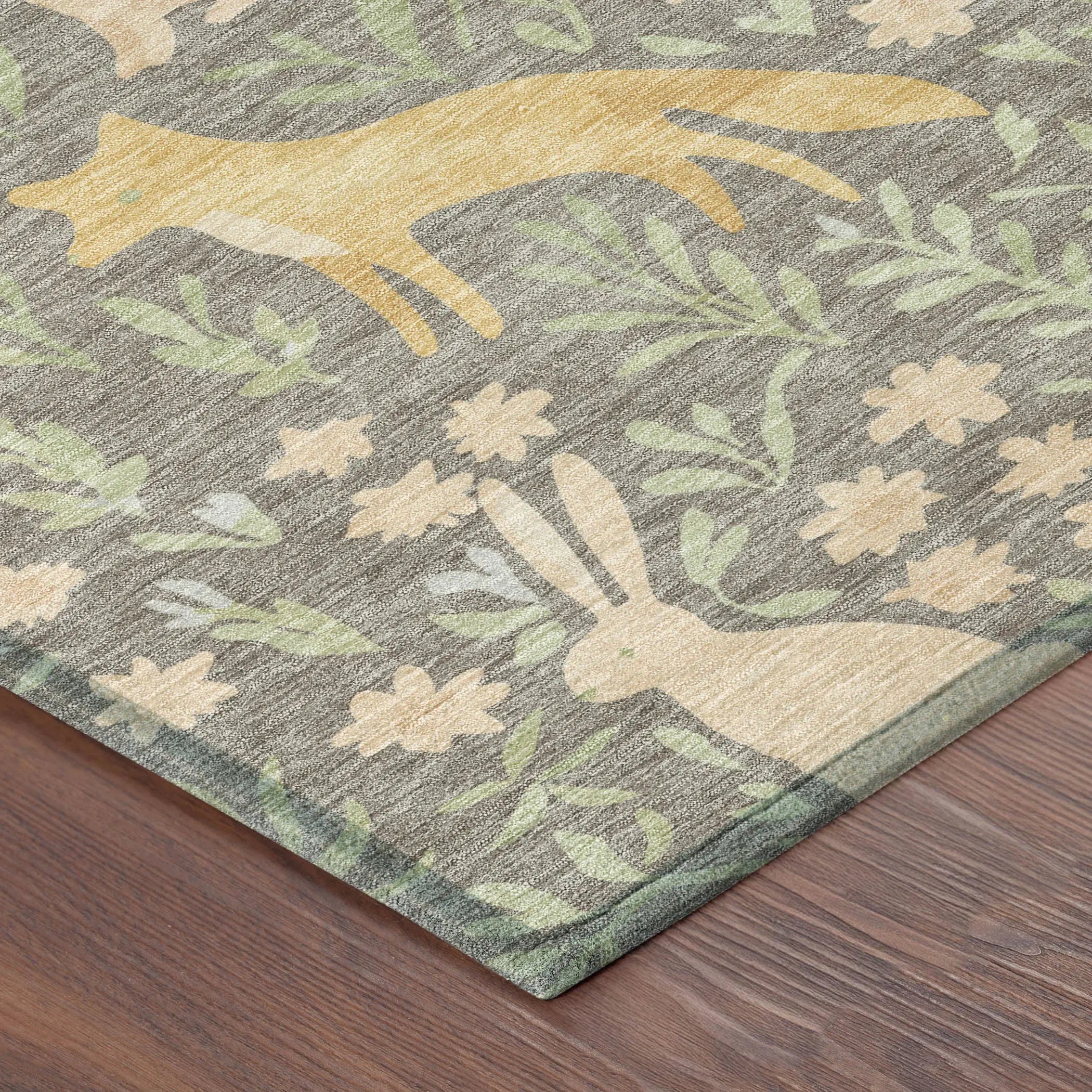 5' X 8' Taupe And Green Forest Animals And Botanical Leaves Washable Area Rug Homeroots Outdoor