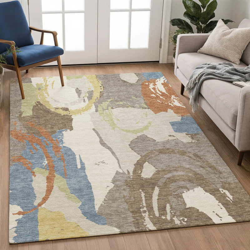 5' X 8' Taupe And Ivory Abstract Washable Indoor Outdoor Area Rug Homeroots Outdoor