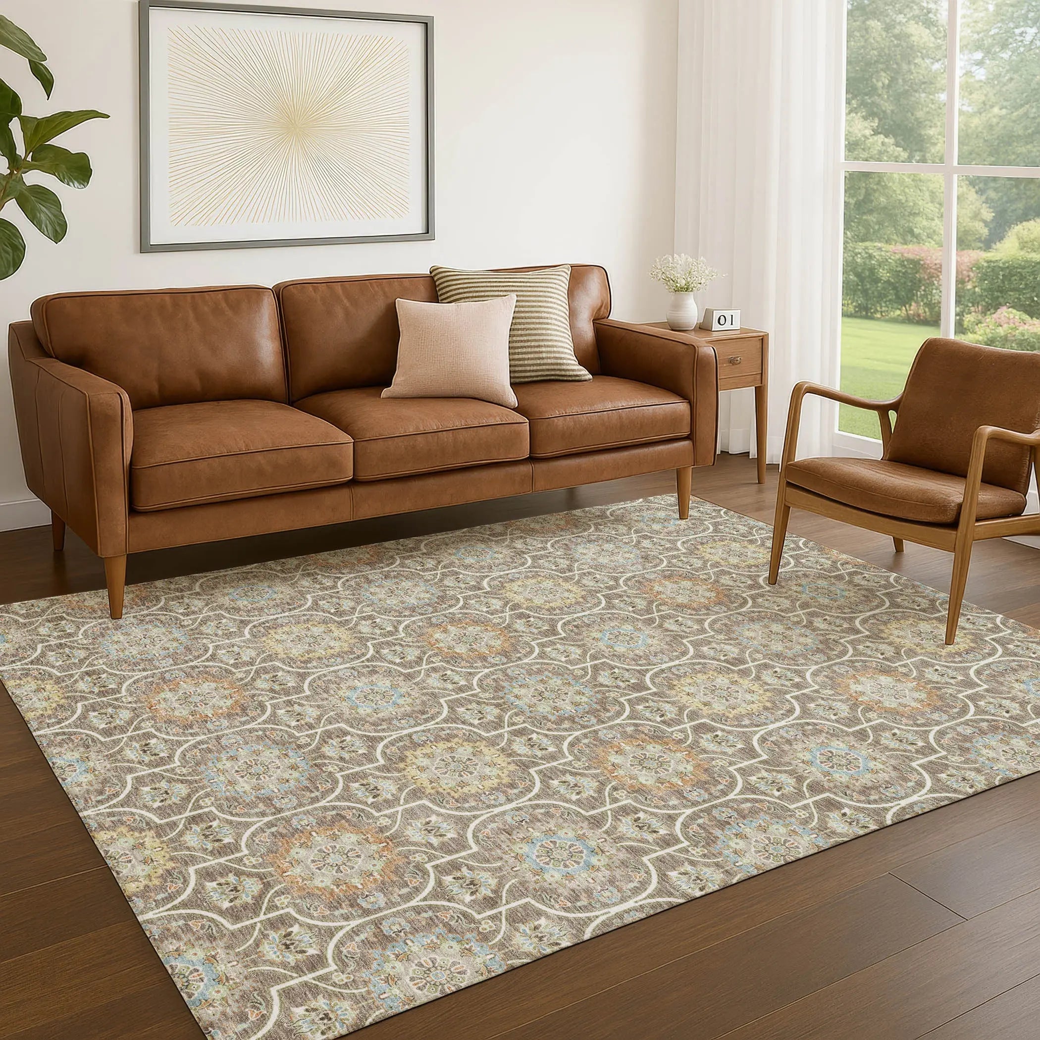 5' X 8' Taupe And Ivory Floral Medallion Washable Indoor Outdoor Area Rug Homeroots Outdoor