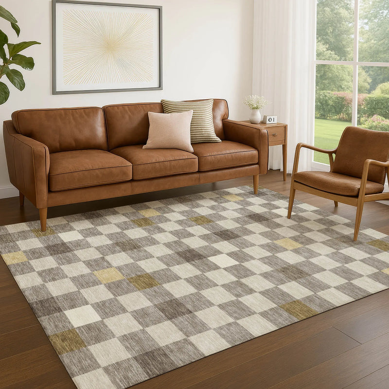 5' X 8' Taupe And Teal Blue Geometric Washable Indoor Outdoor Area Rug Homeroots Outdoor