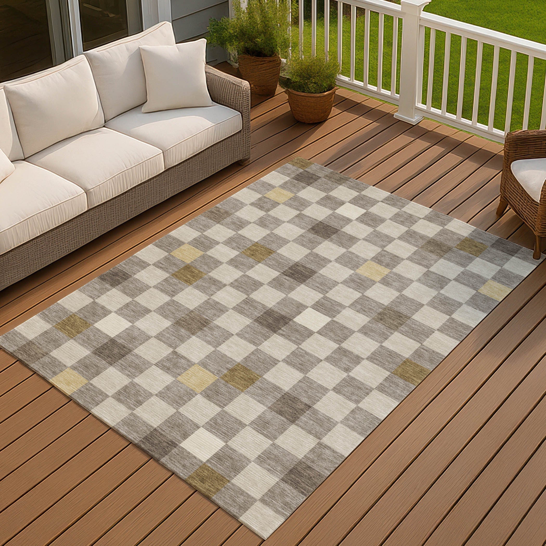 5' X 8' Taupe And Teal Blue Geometric Washable Indoor Outdoor Area Rug Homeroots Outdoor