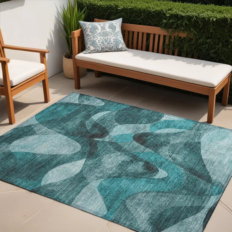 5' X 8' Teal Abstract Washable Non Skid Indoor Outdoor Area Rug Homeroots Outdoor