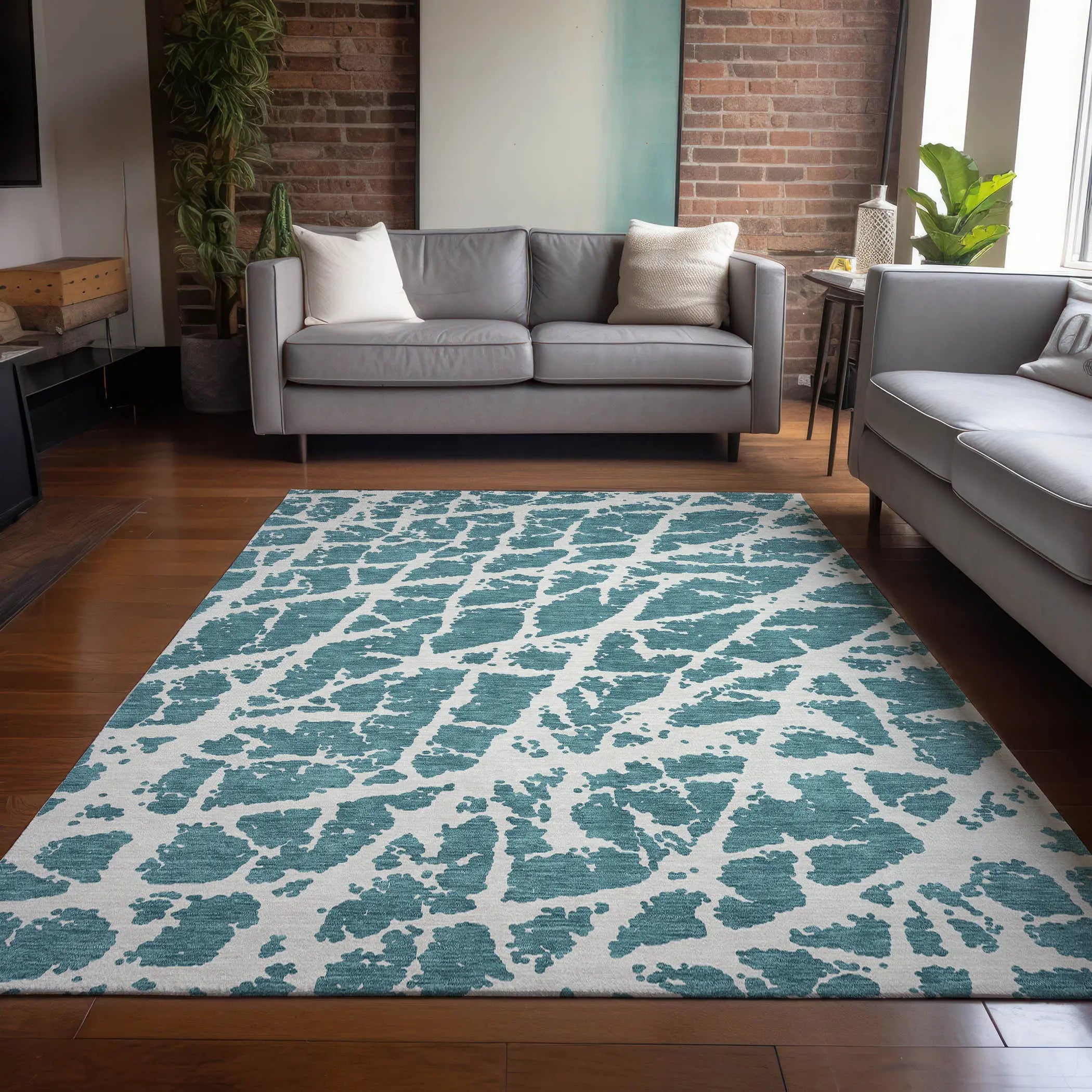 5' X 8' Teal Abstract Washable Non Skid Indoor Outdoor Area Rug Homeroots Outdoor