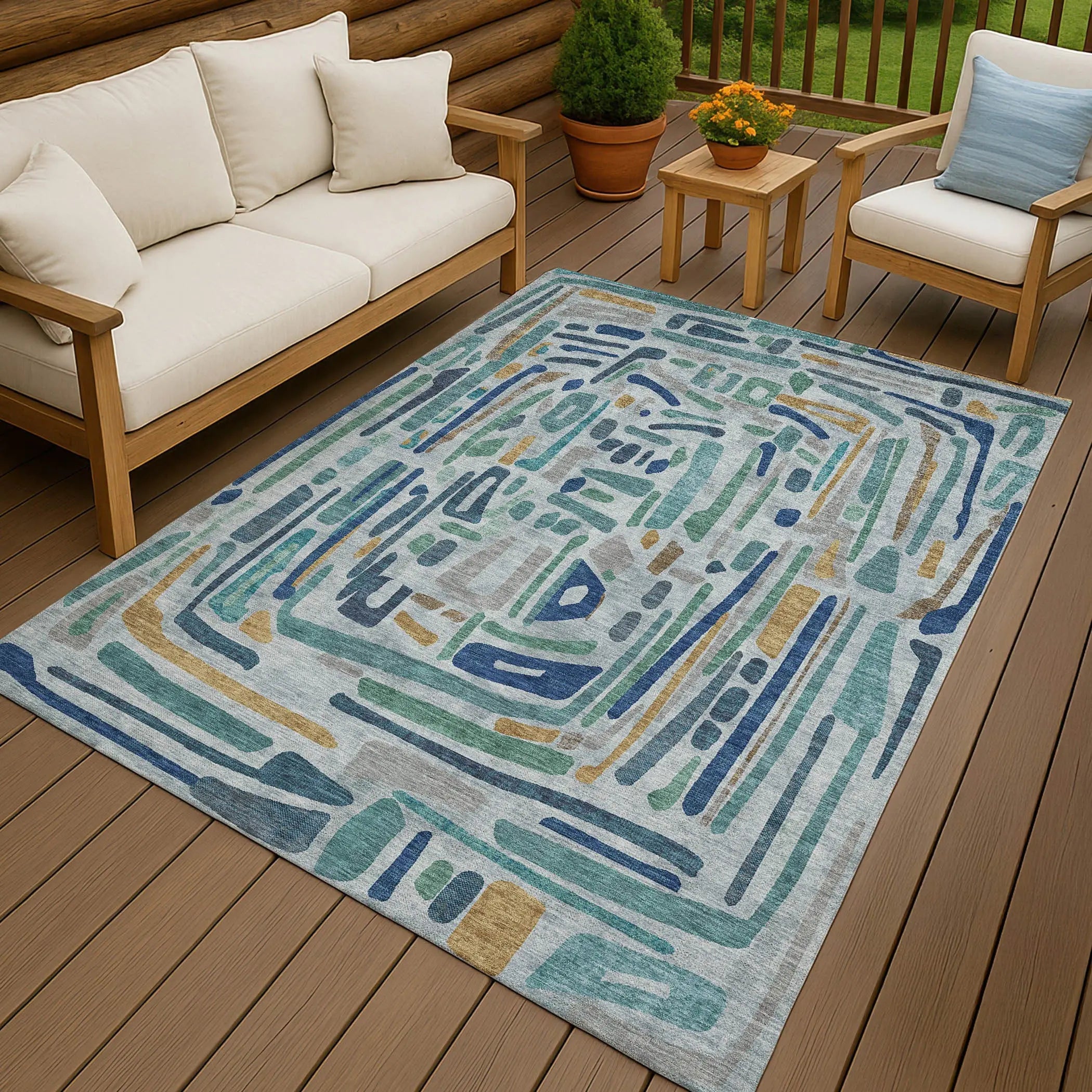 5' X 8' Teal Blue And Aqua Abstract Washable Indoor Outdoor Area Rug Homeroots Outdoor