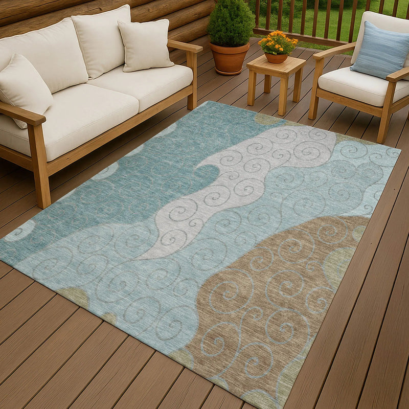 5' X 8' Teal Blue And Aqua Abstract Washable Indoor Outdoor Area Rug Homeroots Outdoor