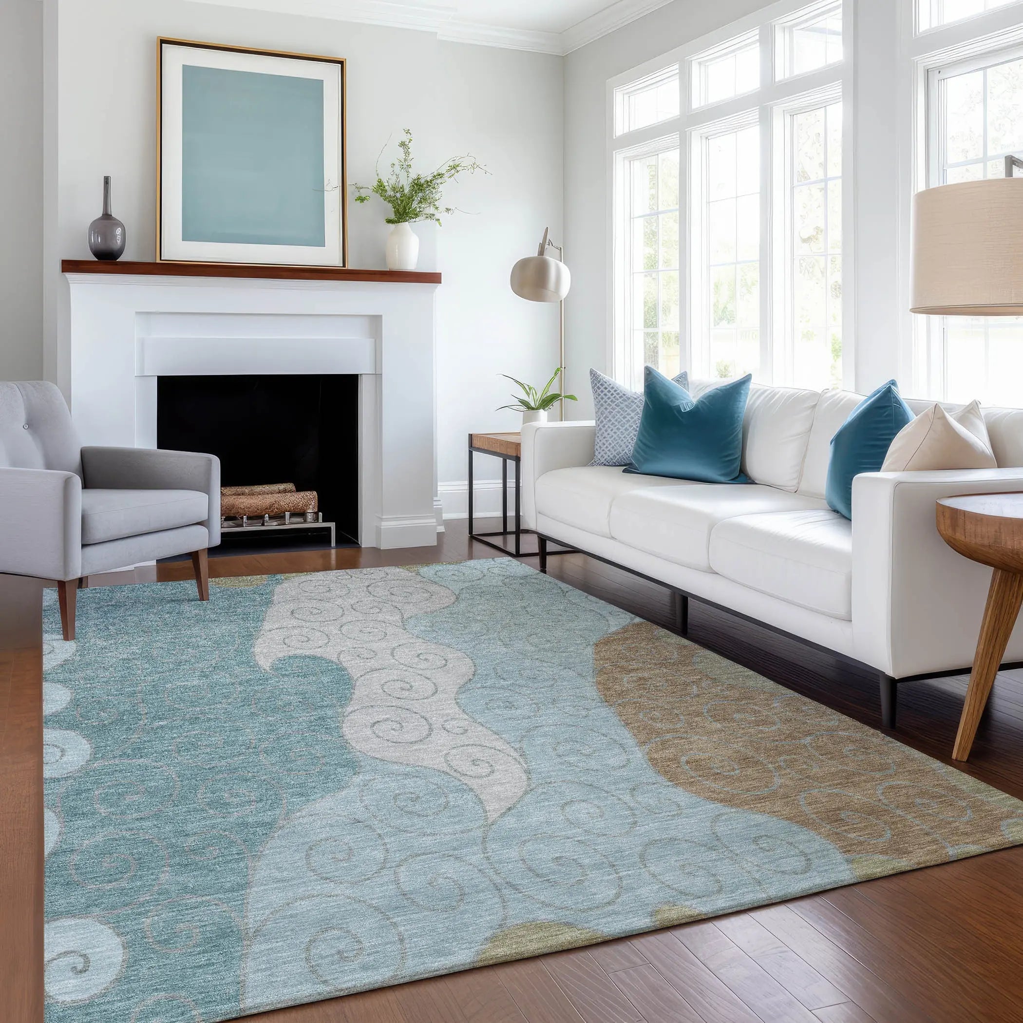 5' X 8' Teal Blue And Aqua Abstract Washable Indoor Outdoor Area Rug Homeroots Outdoor