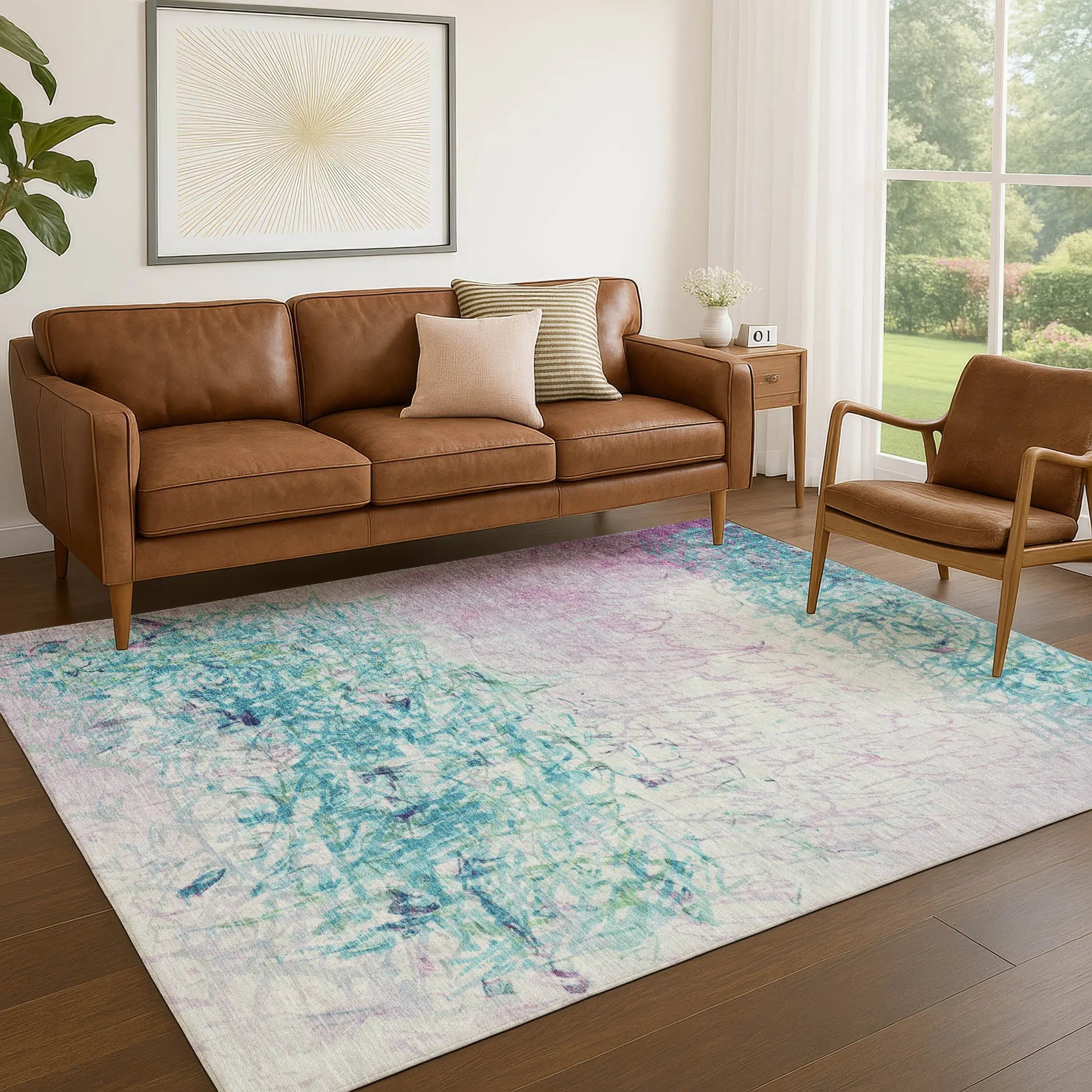5' X 8' Teal Blue And Aqua Abstract Washable Indoor Outdoor Area Rug Homeroots Outdoor
