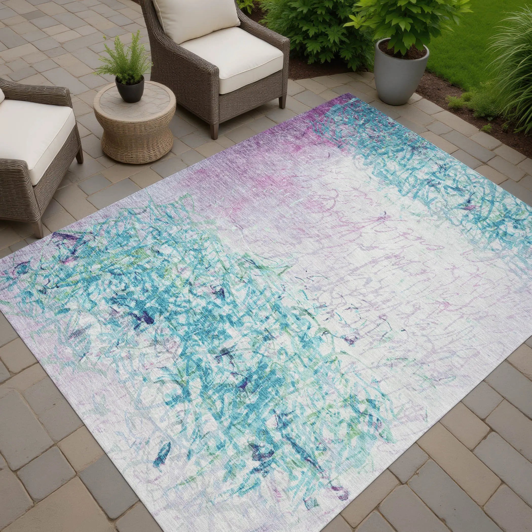 5' X 8' Teal Blue And Aqua Abstract Washable Indoor Outdoor Area Rug Homeroots Outdoor