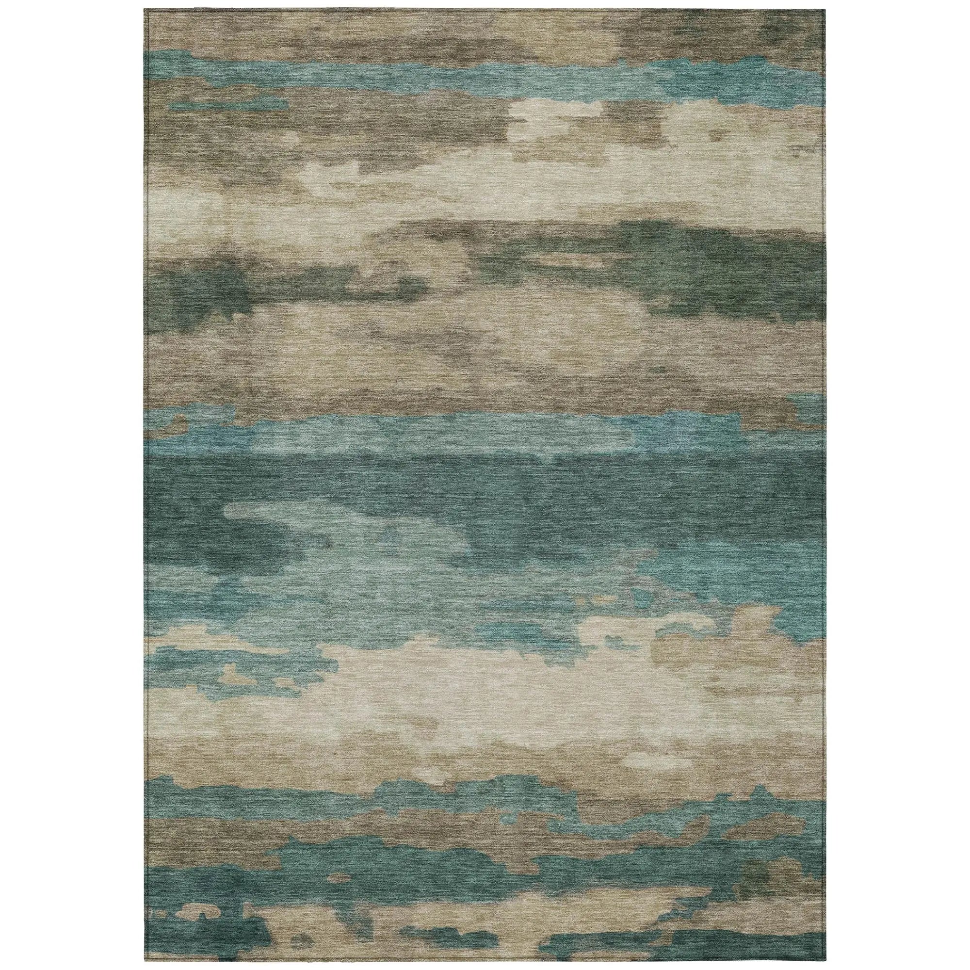 5' X 8' Teal Blue And Beige Abstract Washable Indoor Outdoor Area Rug Homeroots Outdoor