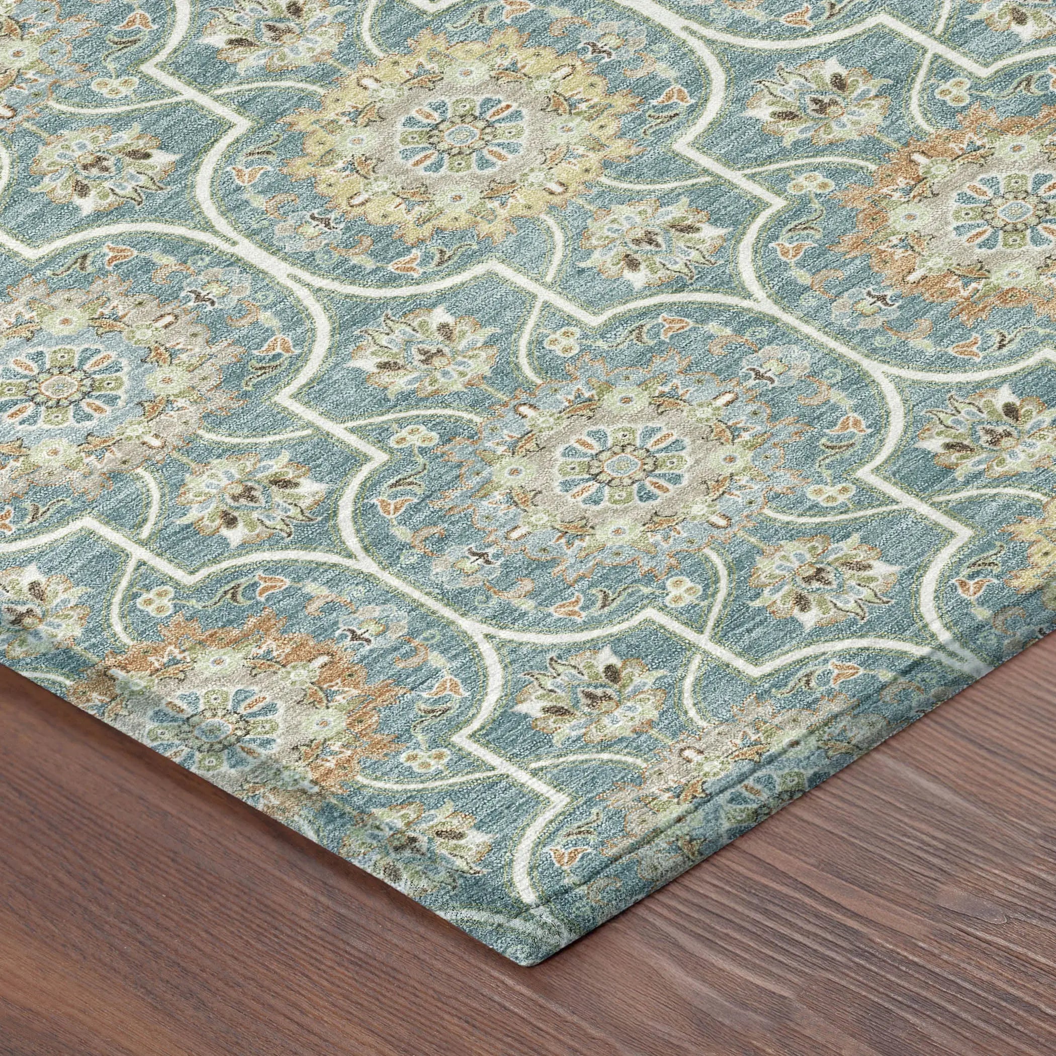 5' X 8' Teal Blue And Beige Floral Medallion Washable Indoor Outdoor Area Rug Homeroots Outdoor