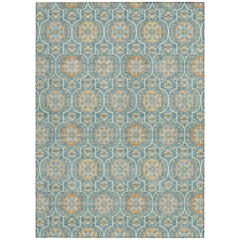 5' X 8' Teal Blue And Beige Floral Medallion Washable Indoor Outdoor Area Rug Homeroots Outdoor