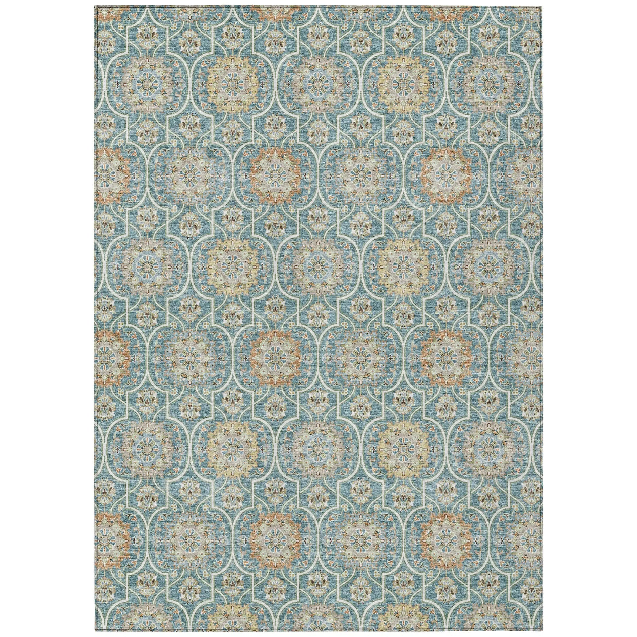 5' X 8' Teal Blue And Beige Floral Medallion Washable Indoor Outdoor Area Rug Homeroots Outdoor