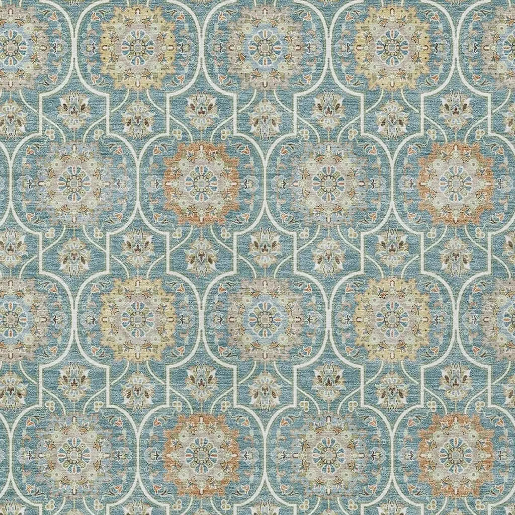 5' X 8' Teal Blue And Beige Floral Medallion Washable Indoor Outdoor Area Rug Homeroots Outdoor