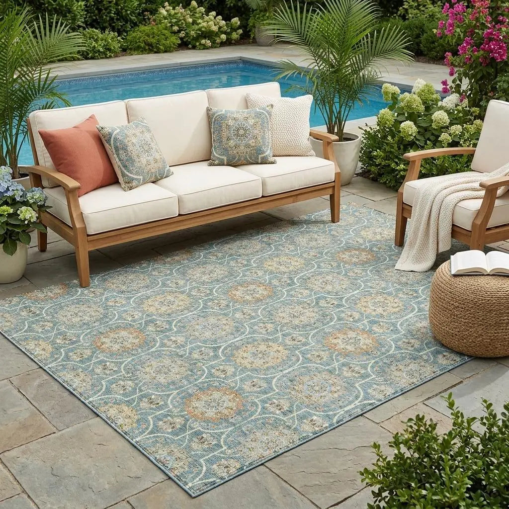 5' X 8' Teal Blue And Beige Floral Medallion Washable Indoor Outdoor Area Rug Homeroots Outdoor
