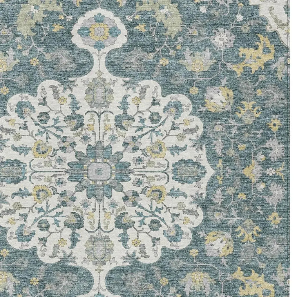5' X 8' Teal Blue And Beige Floral Medallion Washable Indoor Outdoor Area Rug Homeroots Outdoor