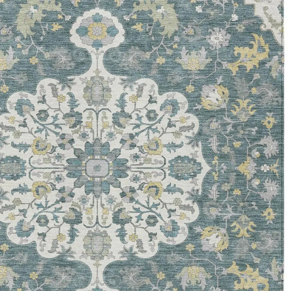 5' X 8' Teal Blue And Beige Floral Medallion Washable Indoor Outdoor Area Rug Homeroots Outdoor